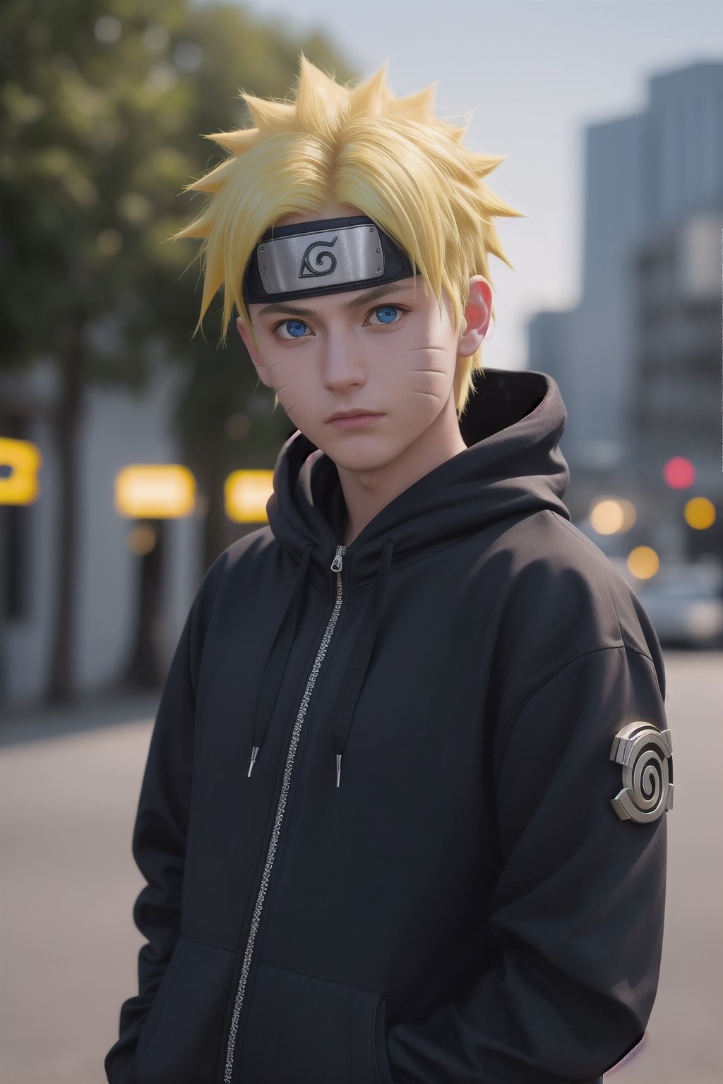 Hyperrealistic art cinematic photo n4rut0, 1boy, (facial mark), solo, whisker markings, forehead protector,spiked hair, (yellow hair),looking at viewer, Blue eyes, Streetwear Hoodie, (konohagakure symbol), short yellow hair, long sleeves, ninja,  . 35mm photograph, film, dinamic lighting, vivid colours, bokeh, professional, 4k, highly detailed . Extremely high-resolution details, photographic, realism pushed to extreme, fine texture, incredibly lifelike,Realism