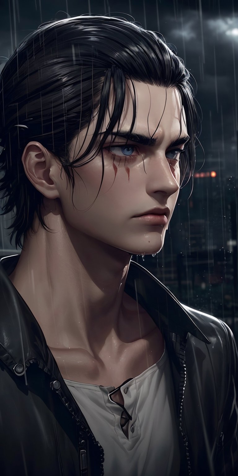 (neon lights, red light), night, rain, wet hair, ((rain drops on his face)), (looking to the sky), melancholic, extremely detailed, perfect composition, masterpiece 8k wallpapper,1male,Eren Jaeger, black hair, scars below the eyes 