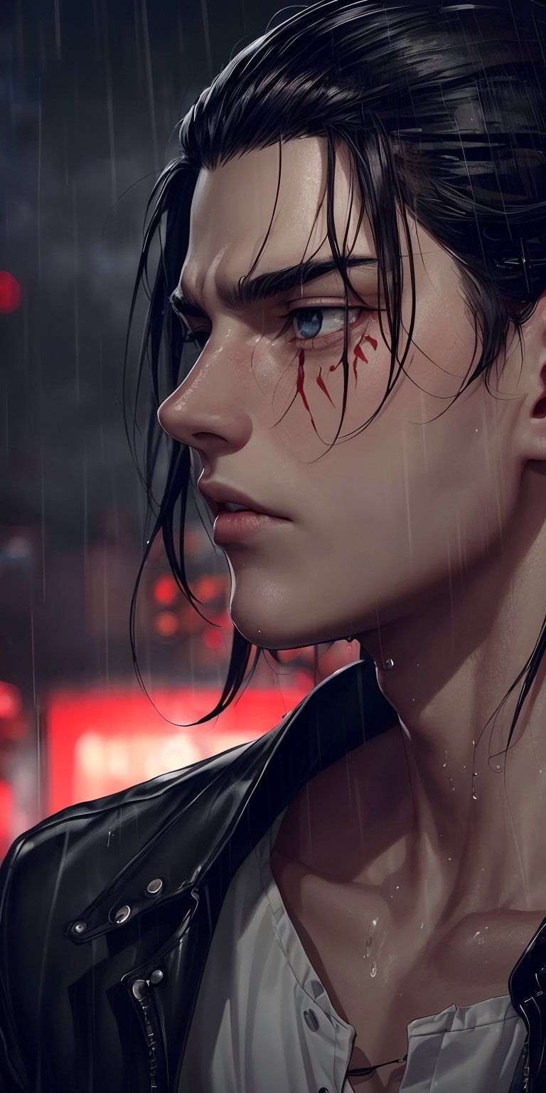 (neon lights, red light), night, rain, wet hair, ((rain drops on his face)), (looking to the sky), melancholic, extremely detailed, perfect composition, masterpiece 8k wallpapper,1male,Eren Jaeger, black hair, scars below the eyes 