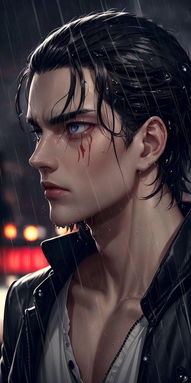 (neon lights, red light), night, rain, wet hair, ((rain drops on his face)), (looking to the sky), melancholic, extremely detailed, perfect composition, masterpiece 8k wallpapper,1male,Eren Jaeger, black hair, scars below the eyes 