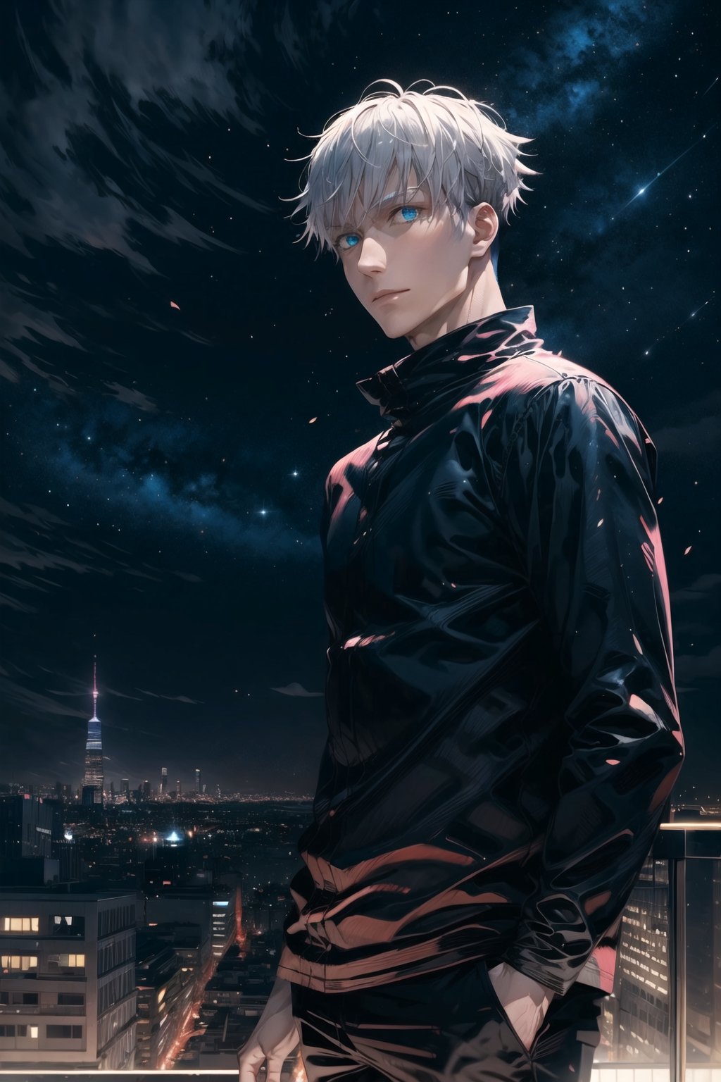 1man, gojo satoru in anime jujutsu, short hair , white hair, glowing blue light eyes, handsome, beautiful eyes, black clothes, realistic clothes, detail clothes, Above tall buildings, night cityscape, city background, ultra detail, realistic