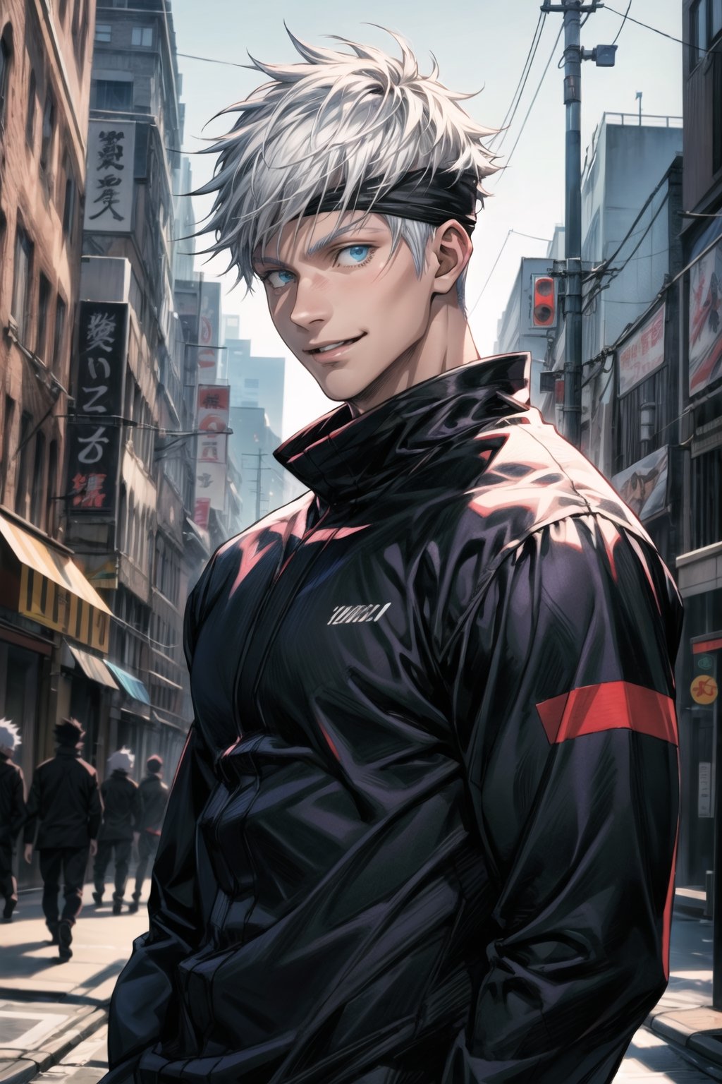 1man, gojo satoru in anime jujutsu, short hair , white hair, blue light eyes, handsome, beautiful eyes, smile, black clothes, realistic clothes, detail clothes, city background, ultra detail, realistic