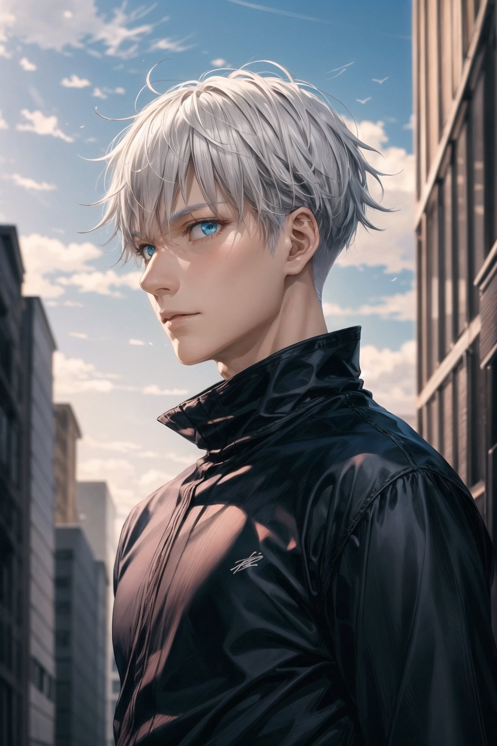 1man, gojo satoru in anime jujutsu, short hair , white hair, blue light eyes, handsome, beautiful eyes, black clothes, realistic clothes, detail clothes, city background, ultra detail, realistic