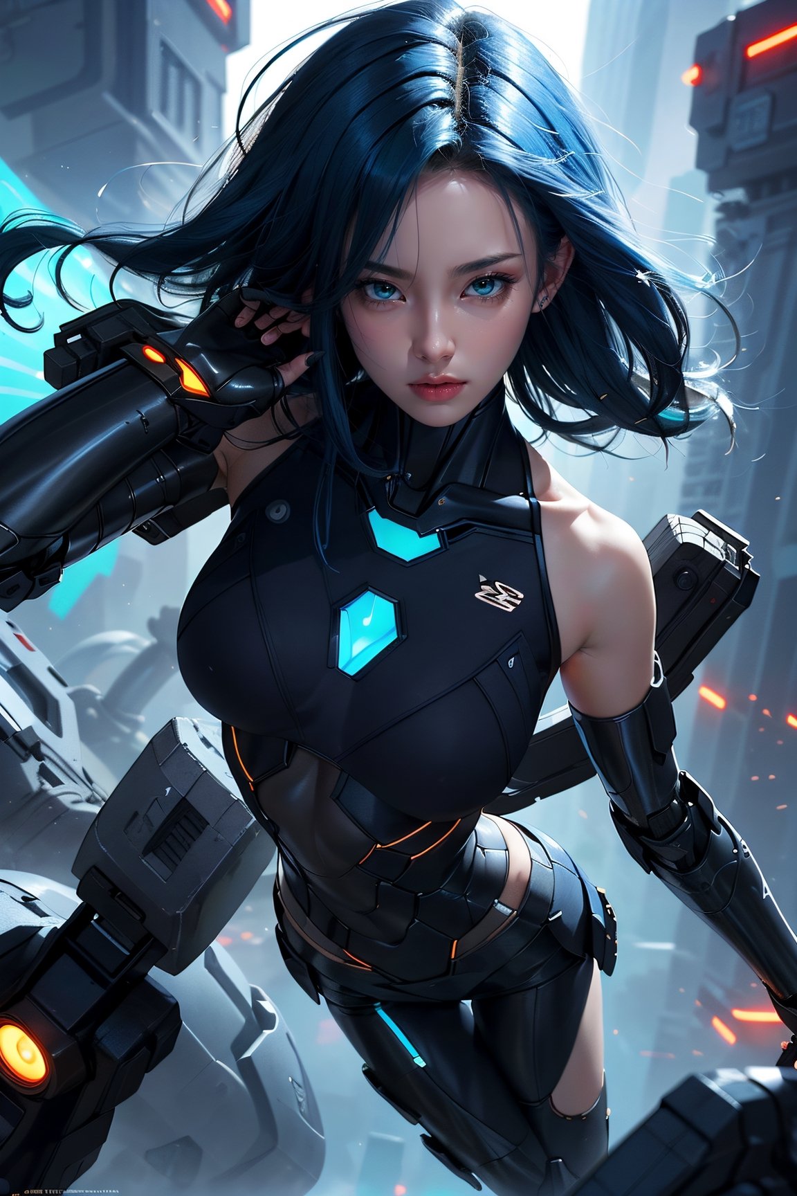 masterpiece, best quality, glowing eyes,long hair with long locks,blue hair ,emerald green eyes,large_breasts,{mecha clothes},robot girl,beautiful detailed face,Mechanical-arm,((beauty detailed eye)),{mecha,huge_filesize},beautiful detailed face, ((beauty detailed eye)), dramatic angle{{beautiful face}},{best quality}, {{masterpiece}}, warm expression, beautiful lips,extremely detailed 8K wallpaper,cyberpunk city,masterpiece,highres,detailed manga illustration,(bare shoulders), (skinny),mecha musume,(Above the thigh:1.3), ((solo)), beautyful eyes, shiny eyes, Fantasy scenes,number art,Creative editing、Engaging narrative、Eye-catching visuals BREAK、dynamic art、Moving sculptures、Mechanical creation、Interactive installations、dynamic movements、Engineering ingenuity、captivating visuals,mecha,cyberpunk style,detailmaster2,cutegirlmix,Android_18_DB