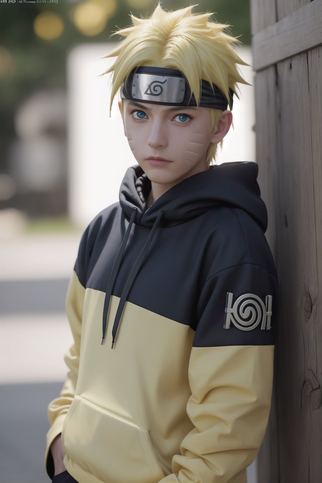 Hyperrealistic art cinematic photo n4rut0, 1boy, (facial mark), solo, whisker markings, forehead protector,spiked hair, (yellow hair),looking at viewer, blue eyes, Streetwear Hoodie, (konohagakure symbol), short yellow hair, long sleeves, ninja,  . 35mm photograph, film, dinamic lighting, bokeh, professional, 4k, highly detailed . Extremely high-resolution details, photographic, realism pushed to extreme, fine texture, incredibly lifelike