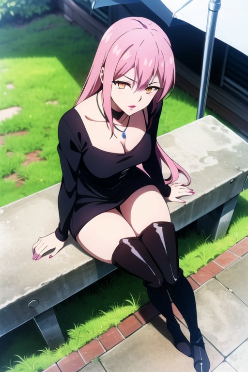 ((masterpiece, best quality)), pink hair, ((minidress)), solo, orange eyes, (thick legs), evil face, isukeinukai, outdoors, thigh boots, (painted lips), restaurant, sitting, necklace, black dress, black boots, view from above , 