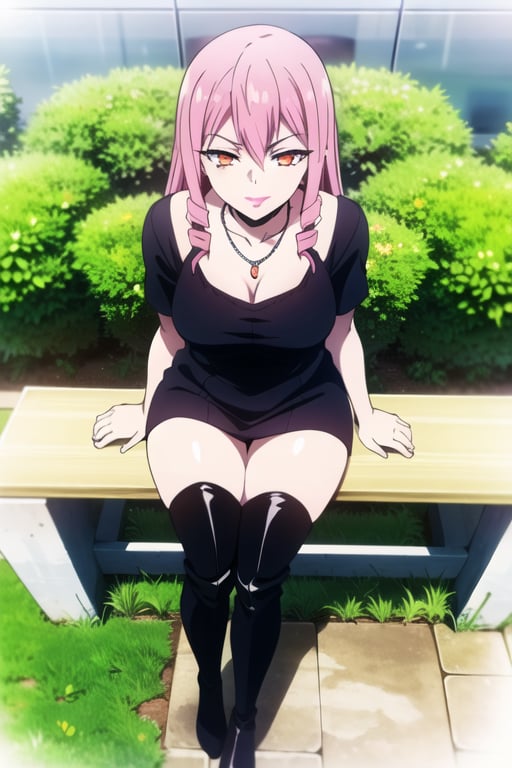 ((masterpiece, best quality)), pink hair, ((minidress)), solo, orange eyes, (thick legs), smug, isukeinukai, outdoors, thigh boots, (painted lips), restaurant, sitting, necklace, black dress, black boots, view from above , 