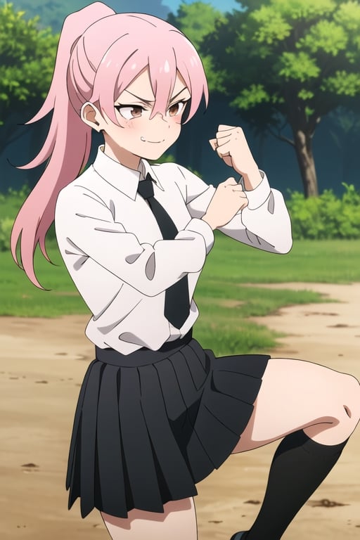 ((masterpiece, best quality)), benisumomo, brown eyes, 1girl, solo, pink hair, long hair,  (breasts),  kneehighs, (white shirt, long sleeves, tie, open neck), hairclip, hair between eyes, thick thighs, black skirt, eyelashes, outdoors,((smug)), fighting pose, (ponytail, alternate hairstyle), pleated skirt, leg up