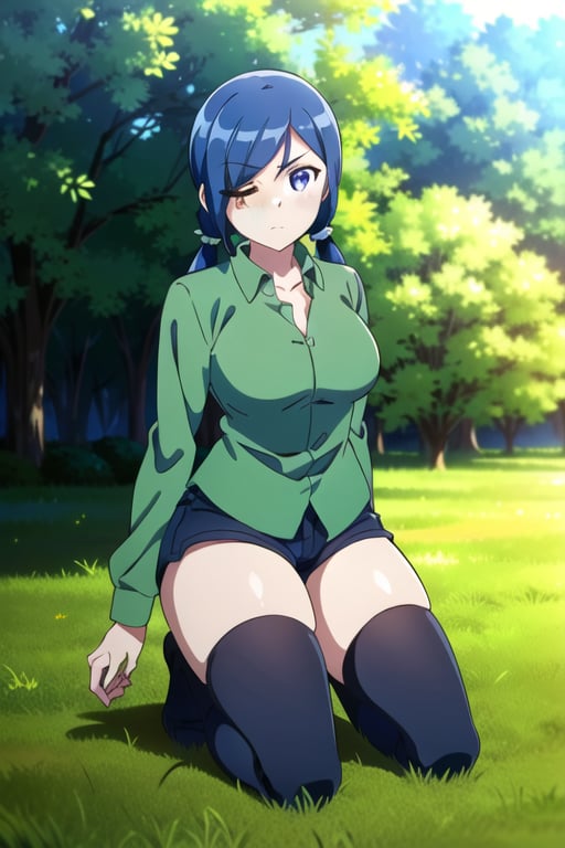 ((masterpiece, best quality)), (1girl), Blue hair , long hair, low twintails, one eye closed, scar across eye, scar on face, ((green semiopen shirt)), short shorts, solo, purple eyes, hair over one eye, kneehighs, (thick thighs), serious, breast, outdoors, kneeling, nice legs, long sleeves