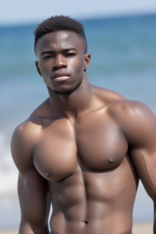 Africano de 18 años hermoso,  de rasgos finos,  delgado, musculoso, de pechos grandes, estando en la playa 