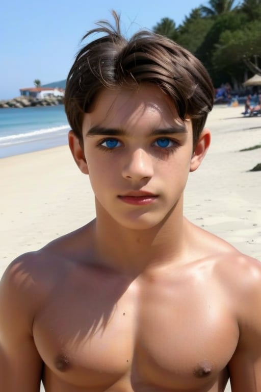 Varón de 16 años hermoso,  de rasgos finos,  delgado, musculoso, ojos azules, de pechos grandes, estando en la playa 