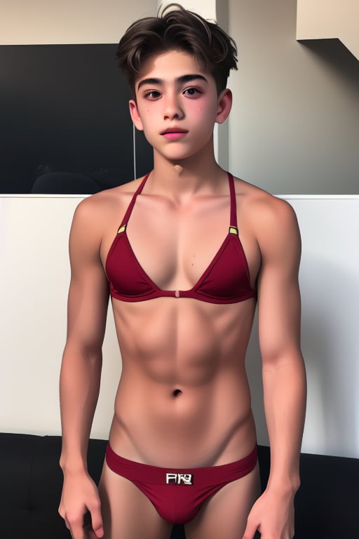 2 Boy niño de 12 años hermoso, de rasgos finos, usando un micro bikinis de la armadura de iron Man detailmaster2