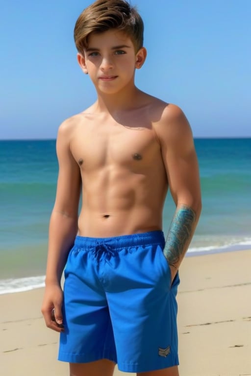 Varón moreno de 16 años hermoso,  de rasgos finos,  delgado, musculoso, ojos azules, de pechos grandes, estando en la playa 