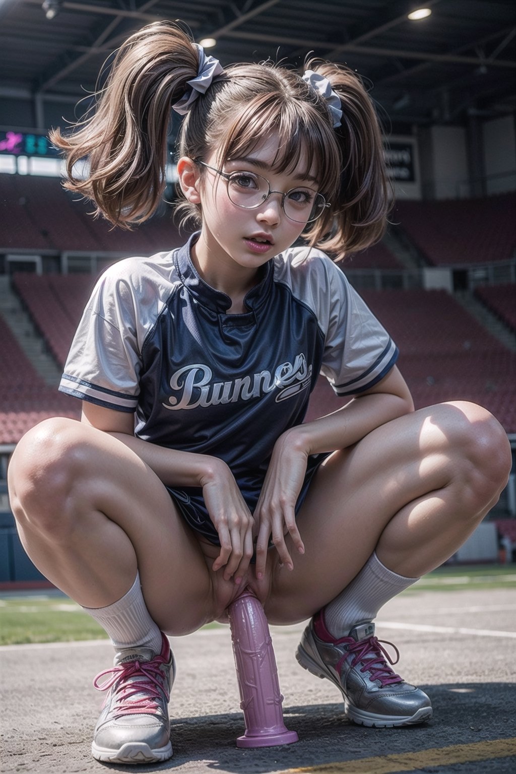 18 years old girl, horny face, natural tones, hi-top fade:1.3,  (natural skin texture, hyperrealism, soft light, sharp), red hair, twin tails hair, little glasses, big light blue eyes, cheerleader uniform, cheerleader skirt, white tiny socks, sneakers, detailed pussy, nsfw, exposed pussy, squat, colored_skin, small tiny boobs, nipples, ((big dildo inserted in pussy)).,pretty pink pussy, perfect pussy, wet pussy, football field, NSFW,NSFW