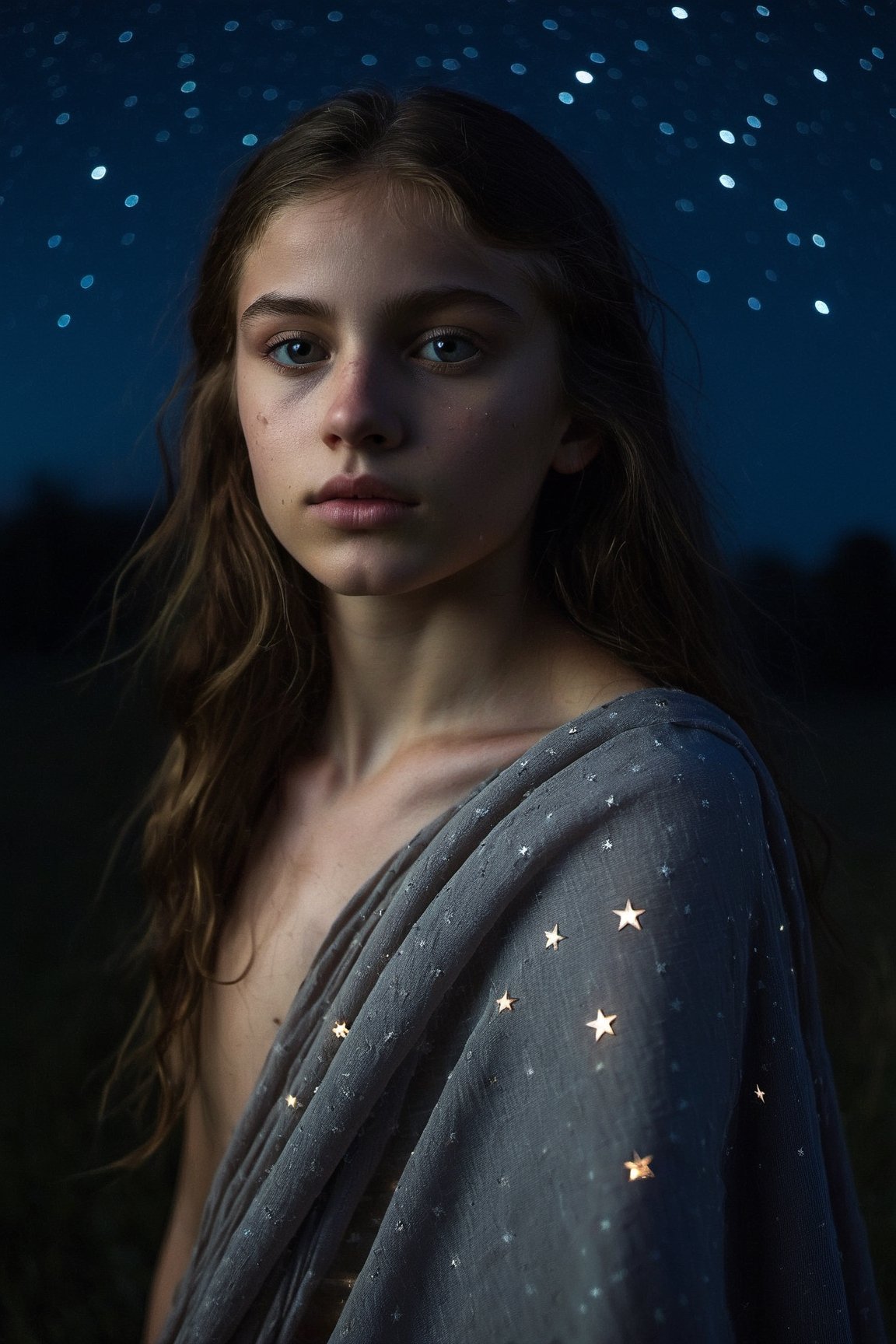 The upper body of a young girl emerges from the darkness of the night, bathed in the soft glow of moonlight. Her features are illuminated by the pale, silvery light, casting a gentle and haunting beauty upon her. The night sky is adorned with a blanket of stars, twinkling with a quiet serenity. The darkness surrounding her adds an air of mystery and intrigue, as if she holds secrets known only to the night. The camera perspective captures her from a slightly tilted angle, capturing the vulnerability and introspection in her gaze. Each detail is meticulously rendered, from the subtle highlights on her skin to the glimmering reflections in her eyes, creating a mesmerizing and evocative visual experience.