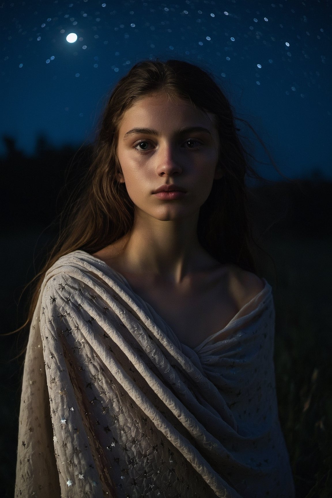 The upper body of a young girl emerges from the darkness of the night, bathed in the soft glow of moonlight. Her features are illuminated by the pale, silvery light, casting a gentle and haunting beauty upon her. The night sky is adorned with a blanket of stars, twinkling with a quiet serenity. The darkness surrounding her adds an air of mystery and intrigue, as if she holds secrets known only to the night. The camera perspective captures her from a slightly tilted angle, capturing the vulnerability and introspection in her gaze. Each detail is meticulously rendered, from the subtle highlights on her skin to the glimmering reflections in her eyes, creating a mesmerizing and evocative visual experience.