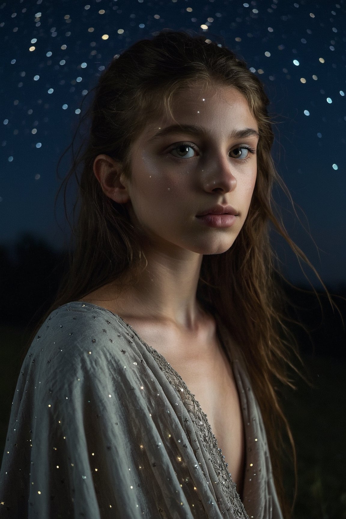 The upper body of a young girl emerges from the darkness of the night, bathed in the soft glow of moonlight. Her features are illuminated by the pale, silvery light, casting a gentle and haunting beauty upon her. The night sky is adorned with a blanket of stars, twinkling with a quiet serenity. The darkness surrounding her adds an air of mystery and intrigue, as if she holds secrets known only to the night. The camera perspective captures her from a slightly tilted angle, capturing the vulnerability and introspection in her gaze. Each detail is meticulously rendered, from the subtle highlights on her skin to the glimmering reflections in her eyes, creating a mesmerizing and evocative visual experience.