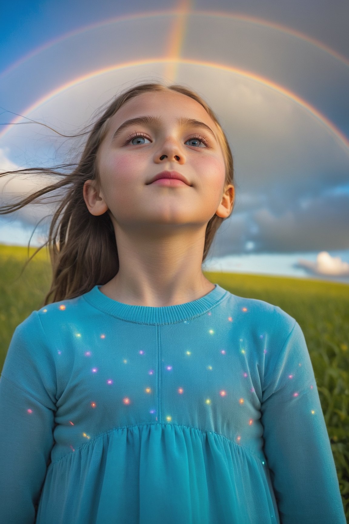 The upper body of a young girl is enveloped in the vibrant hues of a magnificent rainbow, creating a scene of pure joy and wonder. The colors of the rainbow arc gracefully above her, casting a radiant glow upon her face. Her eyes light up with delight as she gazes up at the magical display in the sky. The camera perspective captures her from a slightly tilted angle, emphasizing her awe and excitement. Each detail is meticulously rendered, from the subtle reflections of the rainbow on her skin to the twinkle in her eyes, creating a captivating and immersive visual experience that captures the beauty and magic of this enchanting moment.