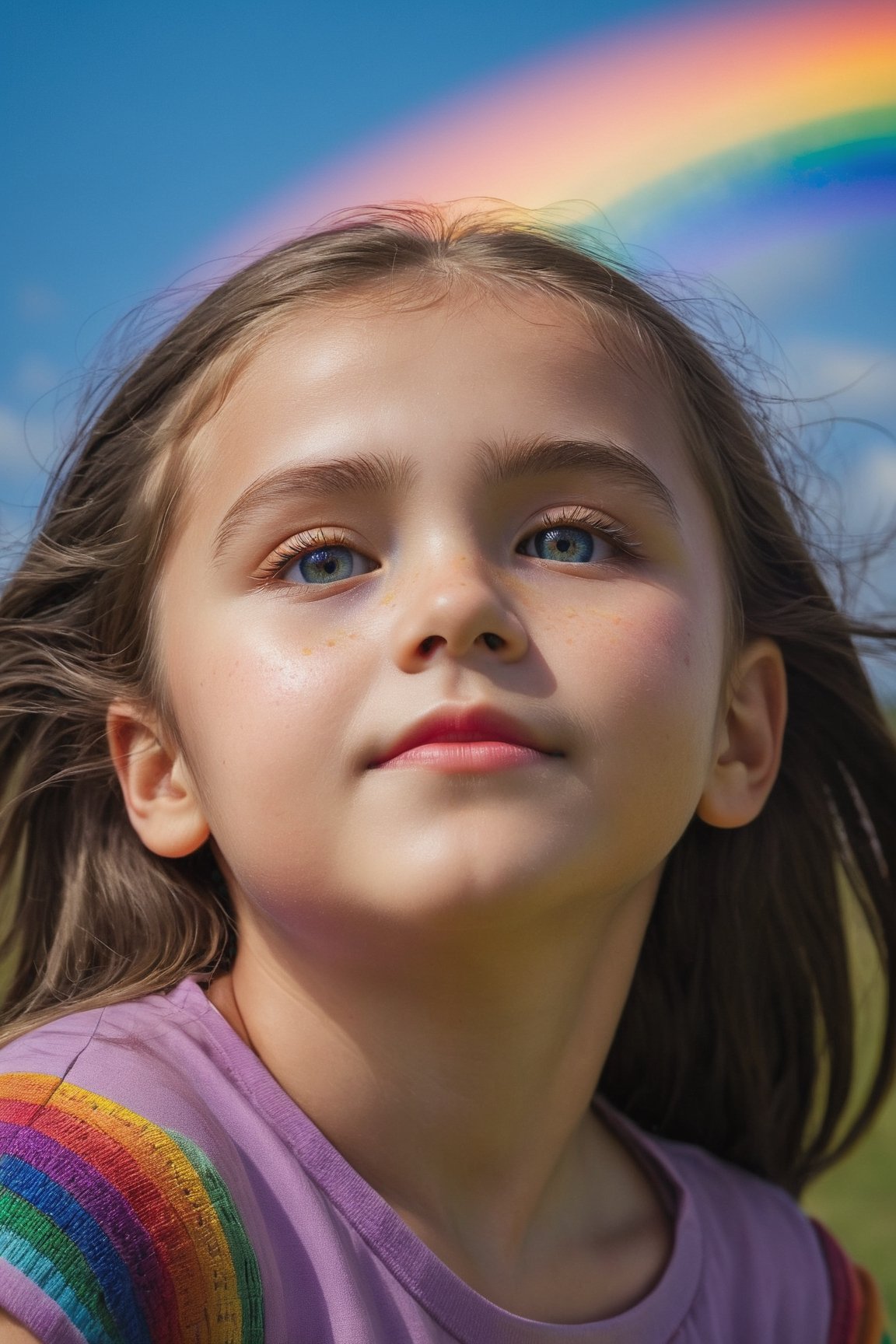 The upper body of a young girl is enveloped in the vibrant hues of a magnificent rainbow, creating a scene of pure joy and wonder. The colors of the rainbow arc gracefully above her, casting a radiant glow upon her face. Her eyes light up with delight as she gazes up at the magical display in the sky. The camera perspective captures her from a slightly tilted angle, emphasizing her awe and excitement. Each detail is meticulously rendered, from the subtle reflections of the rainbow on her skin to the twinkle in her eyes, creating a captivating and immersive visual experience that captures the beauty and magic of this enchanting moment.