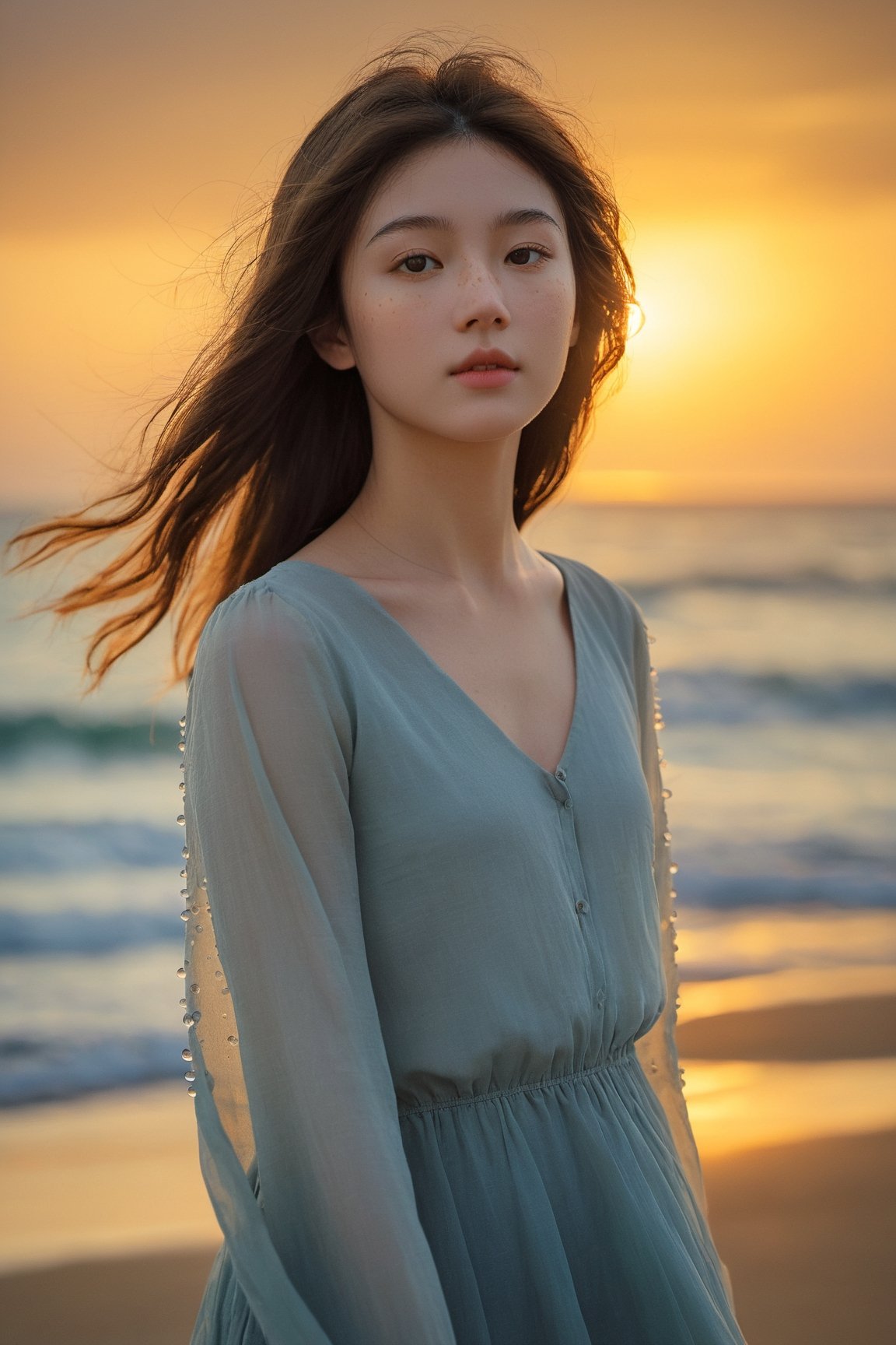 The upper body of a young girl is framed against the breathtaking backdrop of the vast sea. The cool sea breeze gently tousles her hair as she stands at the water's edge, her face illuminated by the warm, golden light of the setting sun. The rhythmic sound of crashing waves and the scent of salt in the air create a serene and tranquil atmosphere. The camera perspective captures her from a low angle, highlighting her sense of wonder and connection to the sea. Every detail is meticulously rendered, from the droplets of water on her skin to the freckles that dot her cheeks, creating a captivating and immersive visual experience that captures the beauty and serenity of the seaside.