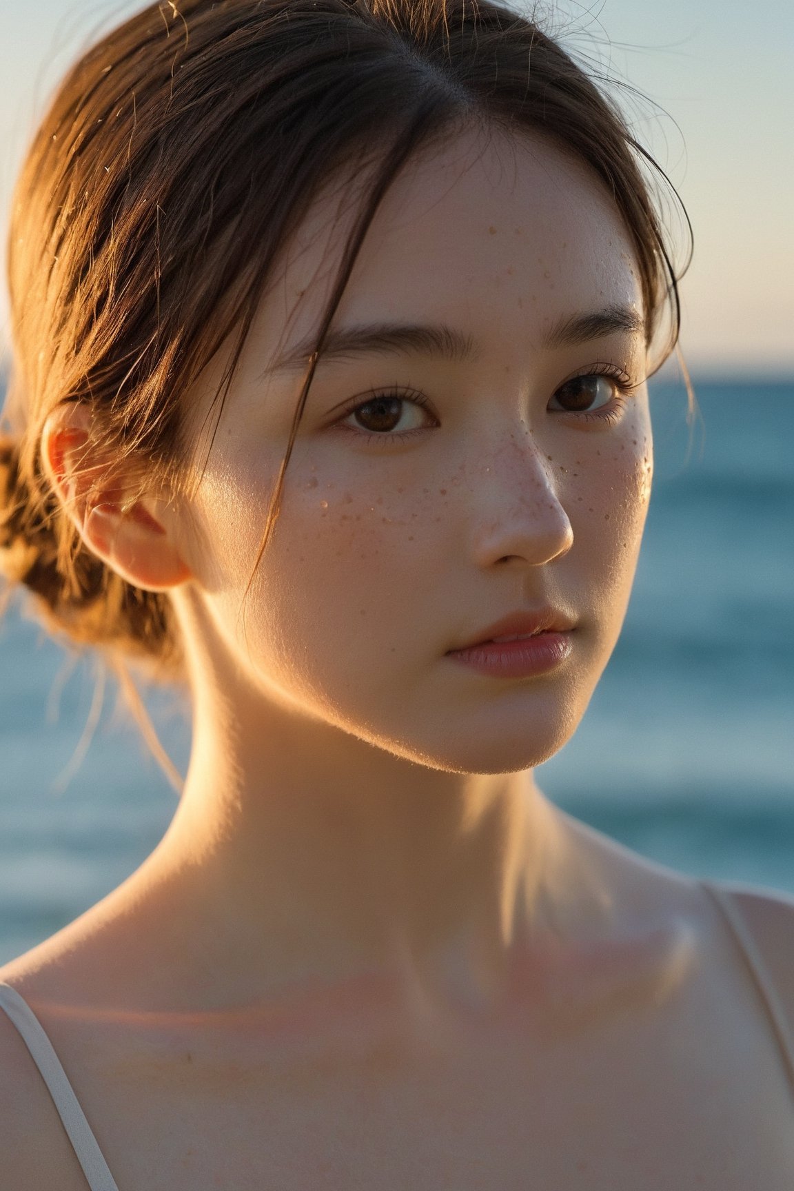 The upper body of a young girl is framed against the breathtaking backdrop of the vast sea. The cool sea breeze gently tousles her hair as she stands at the water's edge, her face illuminated by the warm, golden light of the setting sun. The rhythmic sound of crashing waves and the scent of salt in the air create a serene and tranquil atmosphere. The camera perspective captures her from a low angle, highlighting her sense of wonder and connection to the sea. Every detail is meticulously rendered, from the droplets of water on her skin to the freckles that dot her cheeks, creating a captivating and immersive visual experience that captures the beauty and serenity of the seaside.