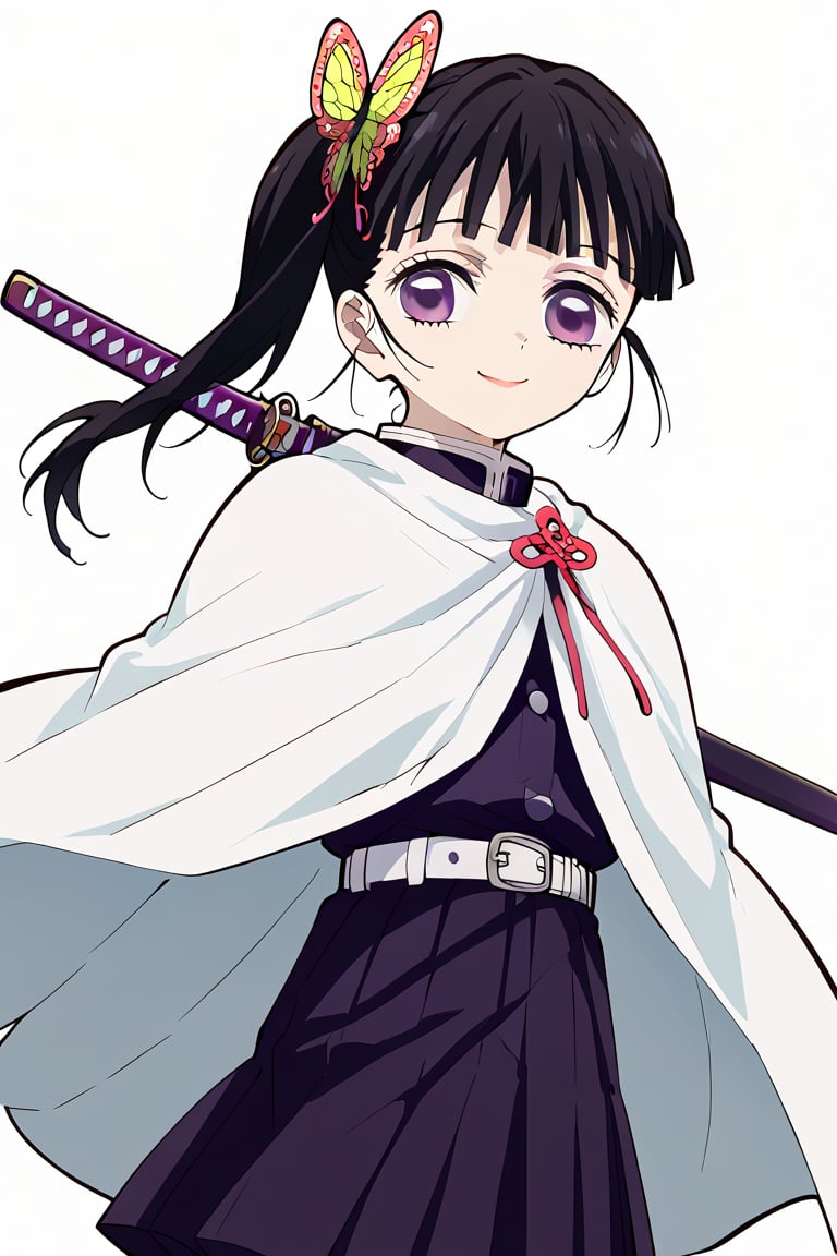 1girl, solo, looking at viewer, smile, bangs, skirt, simple background, black hair, hair ornament, long sleeves, white background, standing, purple eyes, weapon, pleated skirt, belt, sword, cape, side ponytail, katana, sheath, sheathed, butterfly hair ornament, white cape, white belt, demon slayer uniform, tsuyuri kanao
postura inocente, desvistiendose, poca ropa,  mirada inocente, ,aakanao,kanao tsuyuri