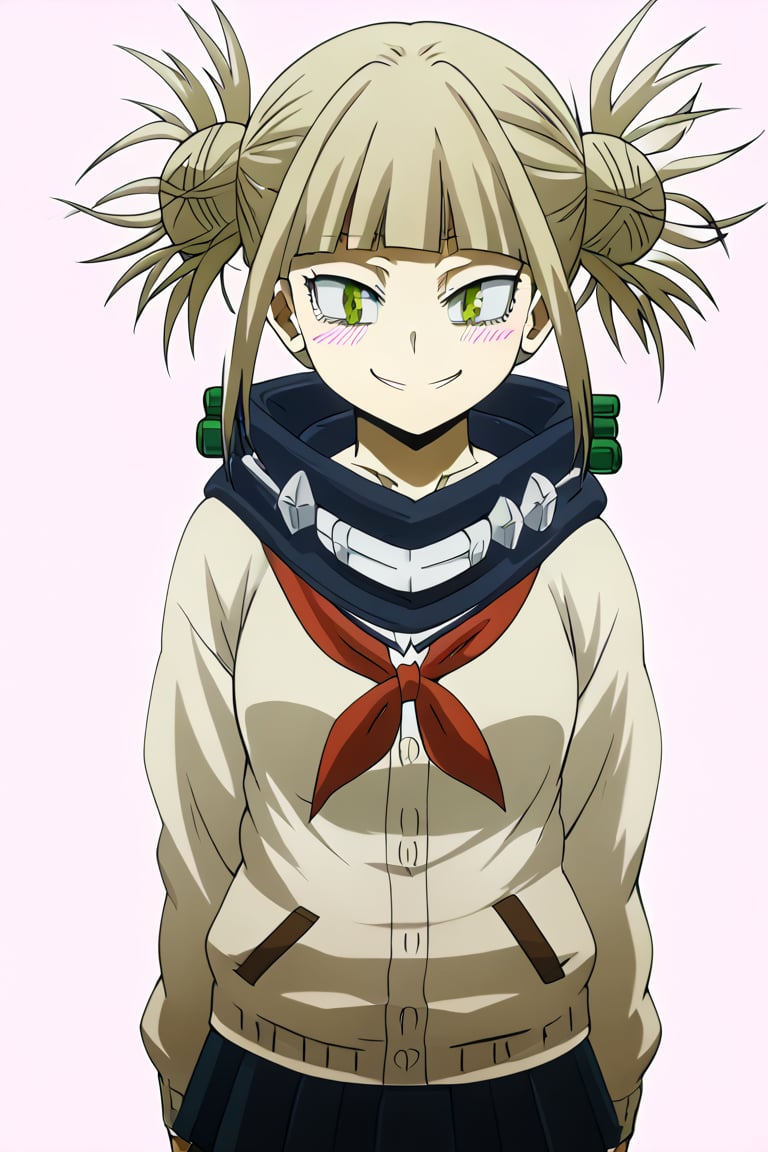 HIMIKO TOGA poses confidently school background, her short blonde hair styled in a messy bun with blunt bangs framing her heart-shaped face. Her bright yellow eyes gleam with sadistic intent as she gazes directly at the viewer with an open-mouthed smile. She wears a serafuku-style school uniform consisting of a blue pleated skirt, knee-high socks, and brown loafers, paired with a red neckerchief and black cardigan. The overall framing is sensual, with her standing figure showcasing her toned legs and emphasizing her revealing outfit.,himiko toga