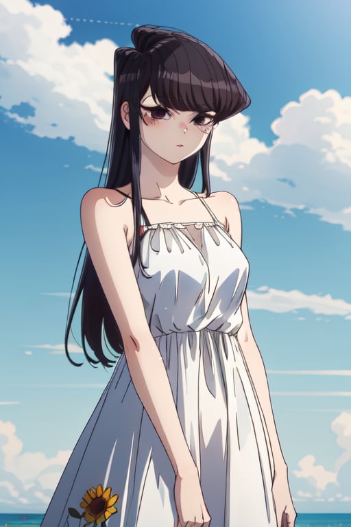 1girl, solo, long hair, breasts, looking at viewer, blush, bangs, black hair, hair ornament, dress, holding, bare shoulders, closed mouth, standing, purple eyes, collarbone, flower, outdoors, sky, sleeveless, day, cloud, hair flower, water, white dress, blue sky, see-through, sleeveless dress, ocean, beach, yellow flower, sand, sun, sunflower, sundress, holding hair, semi-transparent dress, komi shouko,SK,komi_shouko,3D