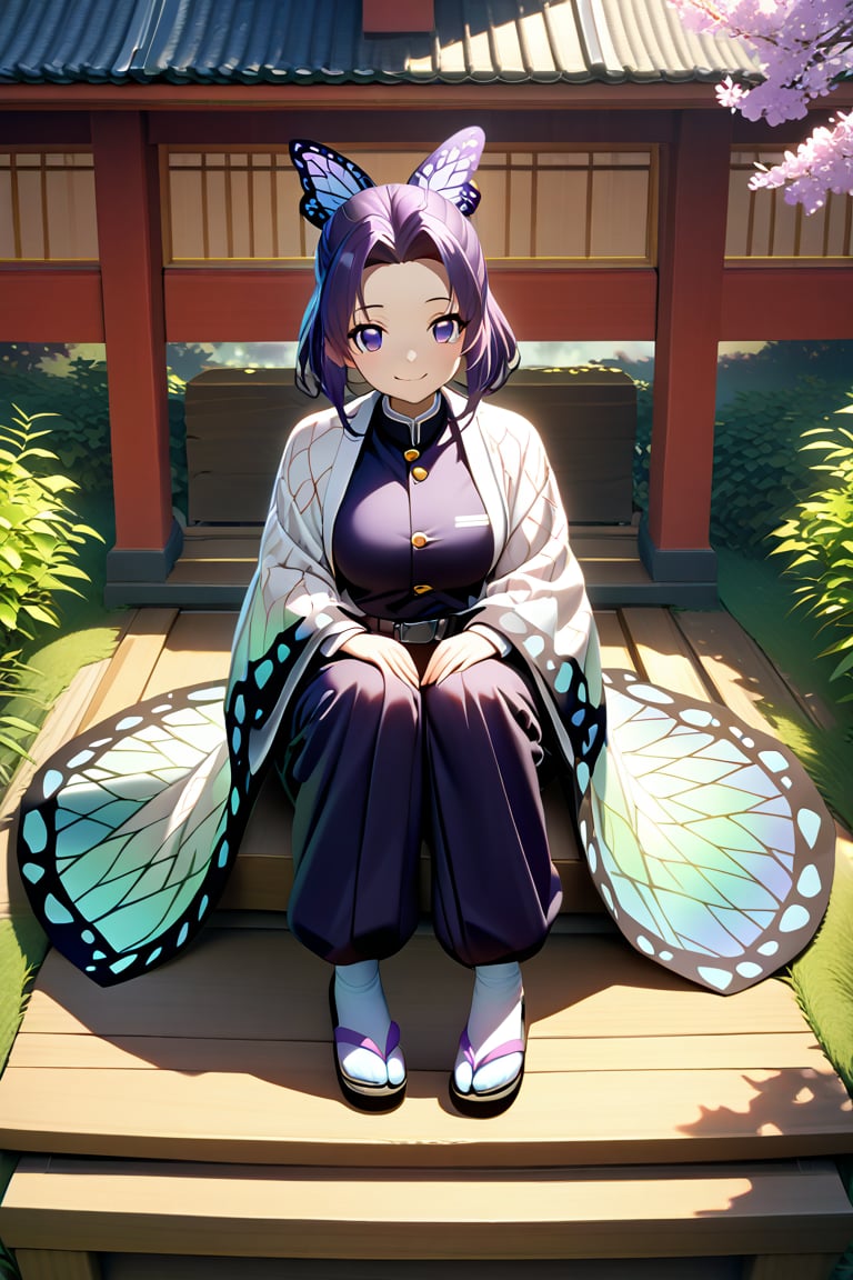 (best quality:1.2), 1girl, (masterpiece:1.2), raytracing, cute face, perfect face, ultra detailed,detailed face, 8k wallpaper, wide hips, , ShinobuKochou_NDV, 1girl, purple eyes, black-purple hair, japanese clothes, demon slayer uniform, butterfly hair ornament, belt, black pants, black jacket, smile,  , outdoor, large breasts, sitting,shinobu kochou