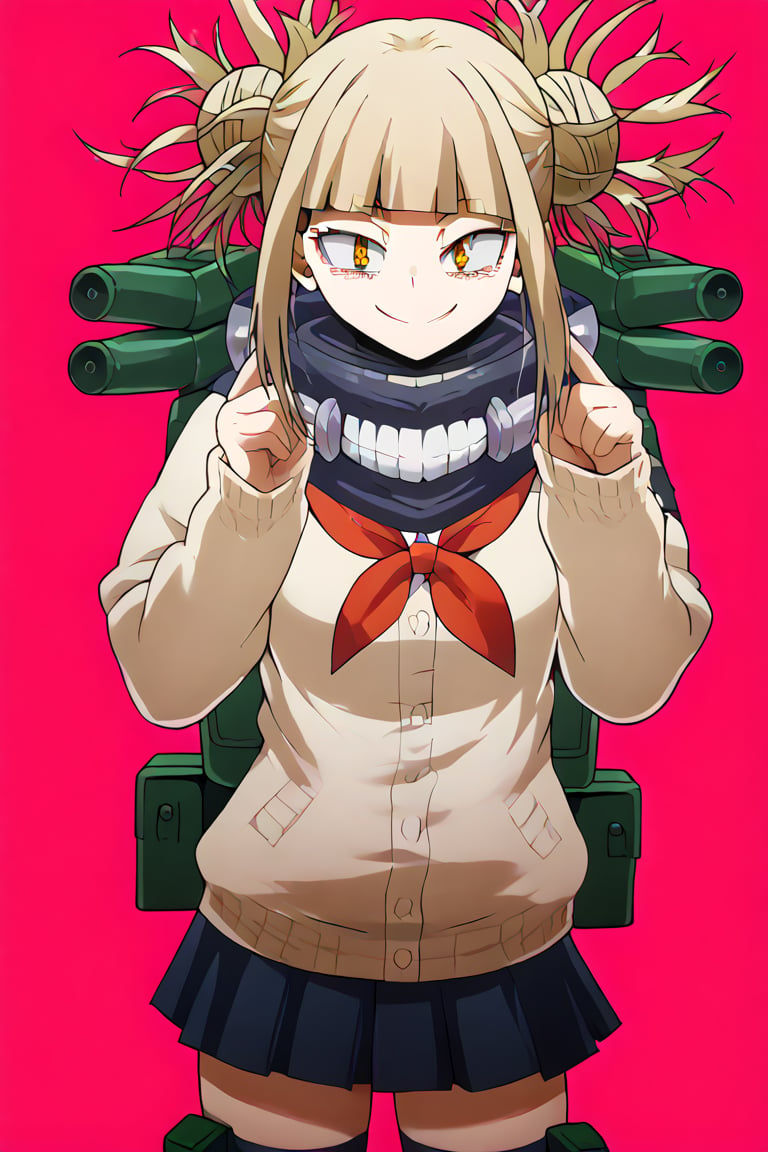 HIMIKO TOGA poses confidently school background, her short blonde hair styled in a messy bun with blunt bangs framing her heart-shaped face. Her bright yellow eyes gleam with sadistic intent as she gazes directly at the viewer with an open-mouthed smile. She wears a serafuku-style school uniform consisting of a blue pleated skirt, knee-high socks, and brown loafers, paired with a red neckerchief and black cardigan. The overall framing is sensual, with her standing figure showcasing her toned legs and emphasizing her revealing outfit.,himiko toga