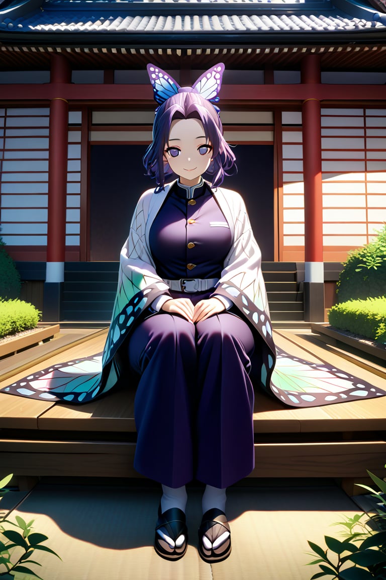 (best quality:1.2), 1girl, (masterpiece:1.2), raytracing, cute face, perfect face, ultra detailed,detailed face, 8k wallpaper, wide hips, , ShinobuKochou_NDV, 1girl, purple eyes, black-purple hair, japanese clothes, demon slayer uniform, butterfly hair ornament, belt, black pants, black jacket, smile,  , outdoor, large breasts, sitting,shinobu kochou