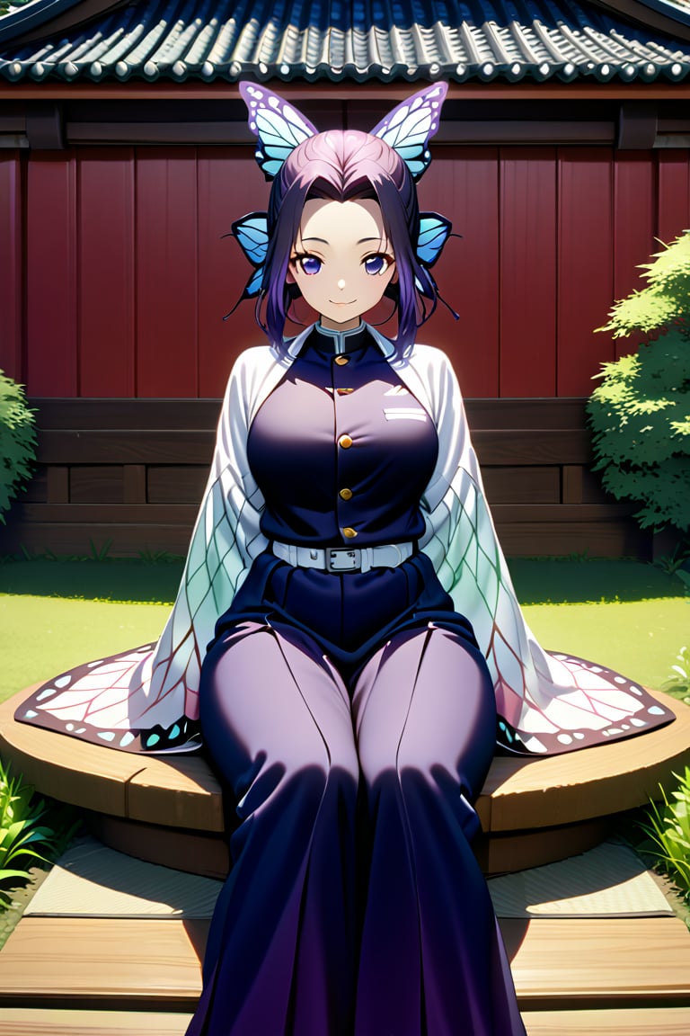 (best quality:1.2), 1girl, (masterpiece:1.2), raytracing, cute face, perfect face, ultra detailed,detailed face, 8k wallpaper, wide hips, , ShinobuKochou_NDV, 1girl, purple eyes, black-purple hair, japanese clothes, demon slayer uniform, butterfly hair ornament, belt, black pants, black jacket, smile,  , outdoor, large breasts, sitting,shinobu kochou