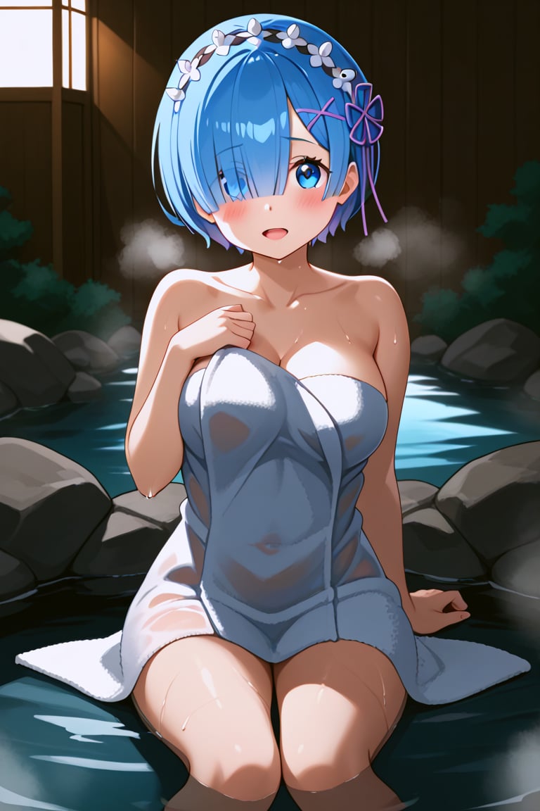 1 girl, alone, looking at viewer, short hair, open mouth, blue eyes, hair ornament, headband, blue hair, hair band, hair over one eye, :o, hair ornament x, shy, blushing eyes, towel, wet body, steam, covering herself with towel, hot springs, feet in hot springs, distant, girl in background, sitting on rocks by the shore, hot springs, steam, distance from girl and viewer, rem \(re:zero\)