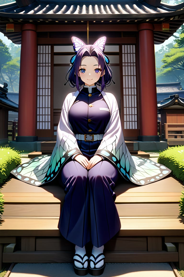 (best quality:1.2), 1girl, (masterpiece:1.2), raytracing, cute face, perfect face, ultra detailed,detailed face, 8k wallpaper, wide hips, , ShinobuKochou_NDV, 1girl, purple eyes, black-purple hair, japanese clothes, demon slayer uniform, butterfly hair ornament, belt, black pants, black jacket, smile,  , outdoor, large breasts, sitting,shinobu kochou