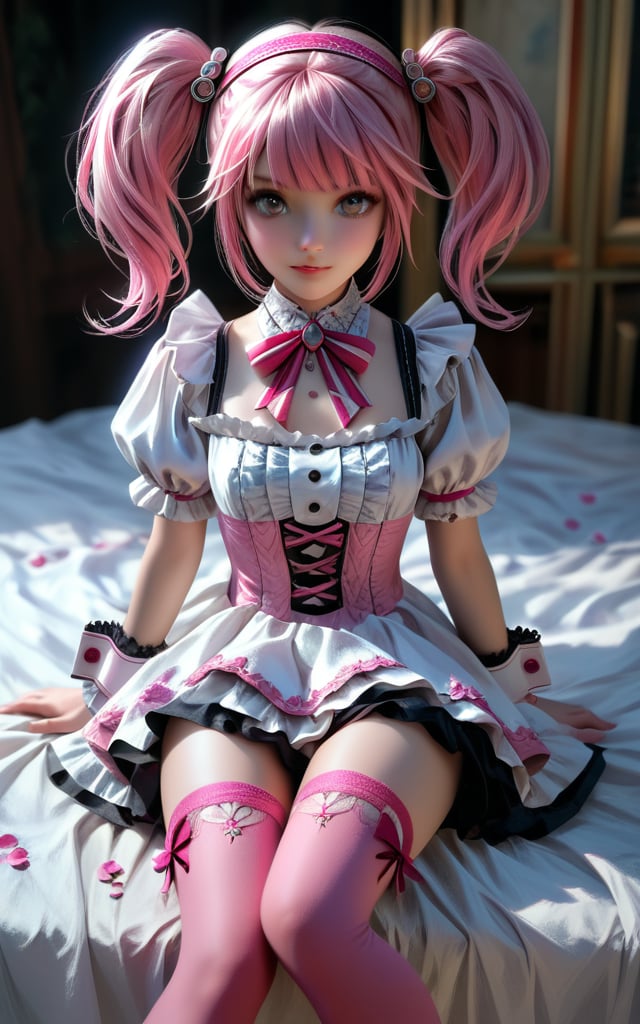 concept art top_view_perspective, realistic, upper_view_perspective,1 girl,(Neo-Byzantine, grand decorative style, Neo-Byzantine:1.3), 4K, (big grey eyes, pink hair, ribbon, hairband, pink thighhighs, wrist cuffs, twintails, gem, frills), digital artwork, illustrative, painterly, matte painting, highly detailed,more detail XL,