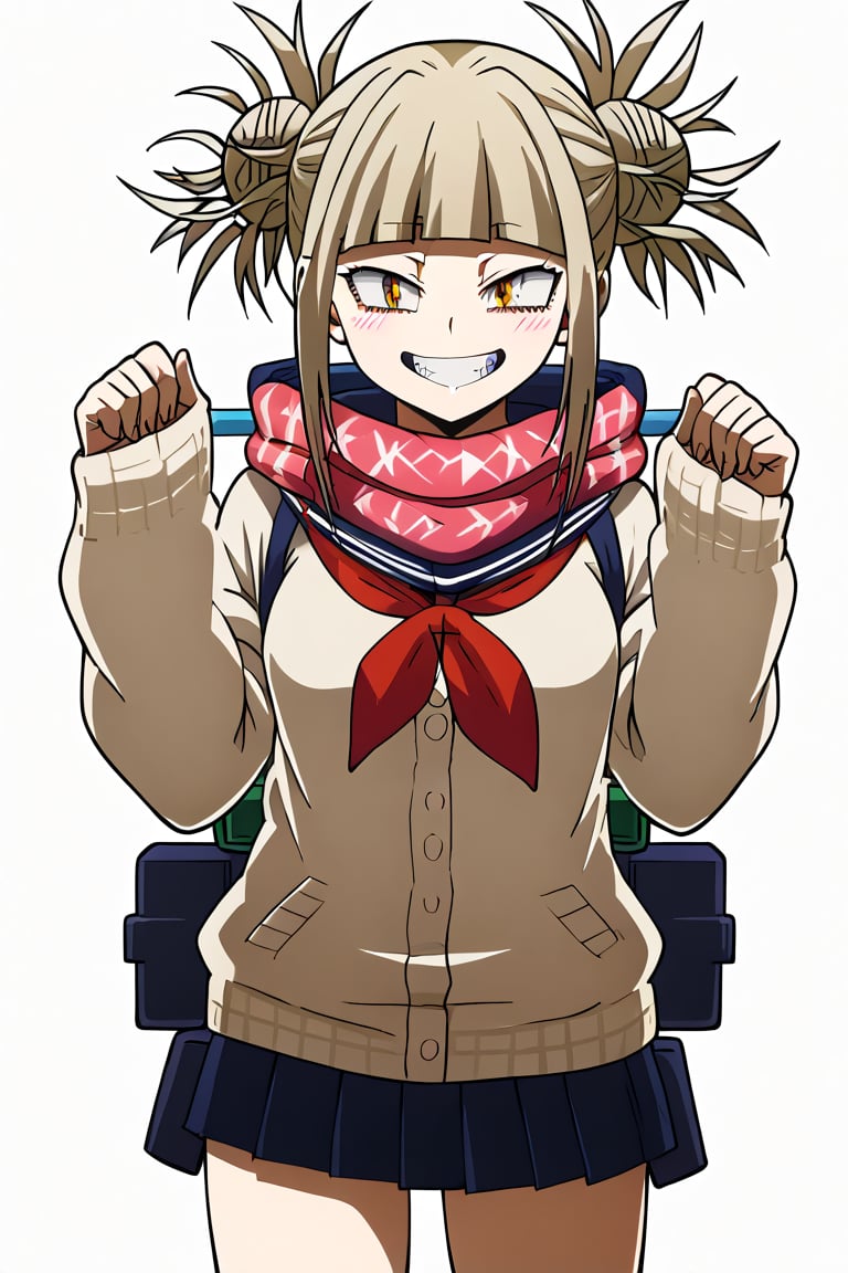 HIMIKO TOGA poses confidently in a school setting, with her short blonde hair styled in a messy bun with straight bangs framing her heart-shaped face. The overall framing is sensual, with her standing figure showing off her toned legs and emphasizing her revealing outfit. Her bright yellow eyes shine with sadistic intent as she stares directly at the viewer with an open-mouthed grin. She wears a school uniform with an open sweater and showing white serafuku-style underwear consisting of a blue pleated skirt, knee-high socks, and brown loafers, paired with a red scarf and a black cardigan. .,himiko toga