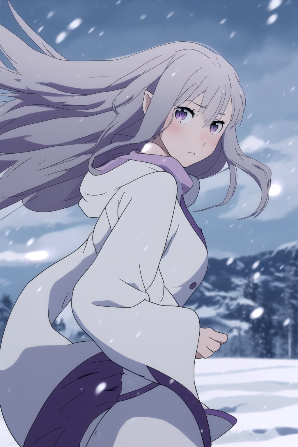 anime wallpaper, innocent girl, cute, tender, snowy background, hair moving in the wind, tender look, body facing forward, left hand arranging hair in the wind, right hand behind the back.
