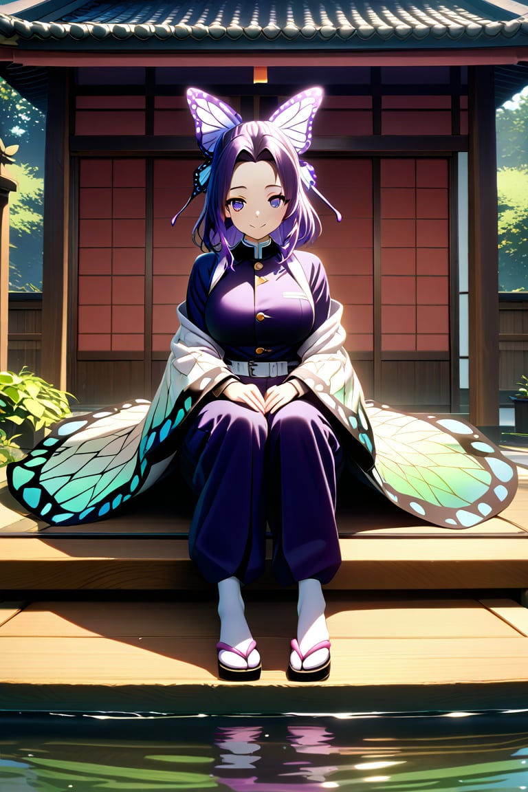 (best quality:1.2), 1girl, (masterpiece:1.2), raytracing, cute face, perfect face, ultra detailed,detailed face, 8k wallpaper, wide hips, , ShinobuKochou_NDV, 1girl, purple eyes, black-purple hair, japanese clothes, demon slayer uniform, butterfly hair ornament, belt, black pants, black jacket, smile,  , outdoor, large breasts, sitting,shinobu kochou