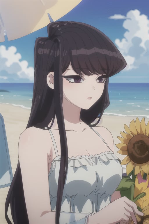 1girl, solo, long hair, breasts, looking at viewer, blush, bangs, black hair, hair ornament, dress, holding, bare shoulders, closed mouth, standing, purple eyes, collarbone, flower, outdoors, sky, sleeveless, day, cloud, hair flower, water, white dress, blue sky, see-through, sleeveless dress, ocean, beach, yellow flower, sand, sun, sunflower, sundress, holding hair, komi shouko,SK,komi_shouko