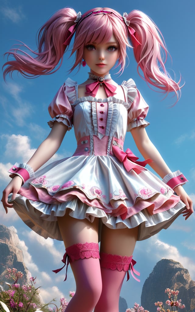 concept art top_view_perspective, realistic, upper_view_perspective,1 girl,(Neo-Byzantine, grand decorative style, Neo-Byzantine:1.3), 4K, (big grey eyes, pink hair, ribbon, hairband, pink thighhighs, wrist cuffs, twintails, gem, frills), digital artwork, illustrative, painterly, matte painting, highly detailed,more detail XL,