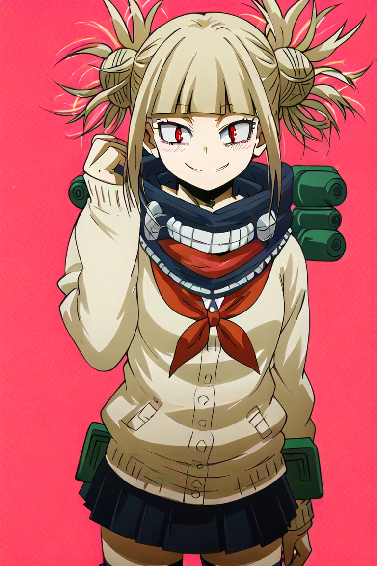 HIMIKO TOGA poses confidently school background, her short blonde hair styled in a messy bun with blunt bangs framing her heart-shaped face. Her bright yellow eyes gleam with sadistic intent as she gazes directly at the viewer with an open-mouthed smile. She wears a serafuku-style school uniform consisting of a blue pleated skirt, knee-high socks, and brown loafers, paired with a red neckerchief and black cardigan. The overall framing is sensual, with her standing figure showcasing her toned legs and emphasizing her revealing outfit.,himiko toga