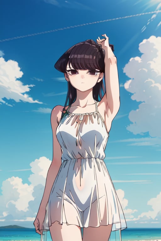 1girl, solo, long hair, breasts, looking at viewer, blush, bangs, black hair, hair ornament, dress, holding, bare shoulders, closed mouth, standing, purple eyes, collarbone, flower, outdoors, sky, sleeveless, day, cloud, hair flower, water, white dress, blue sky, see-through, sleeveless dress, ocean, beach, yellow flower, sand, sun, sunflower, sundress, holding hair, semi-transparent dress, komi shouko,SK,komi_shouko,3D