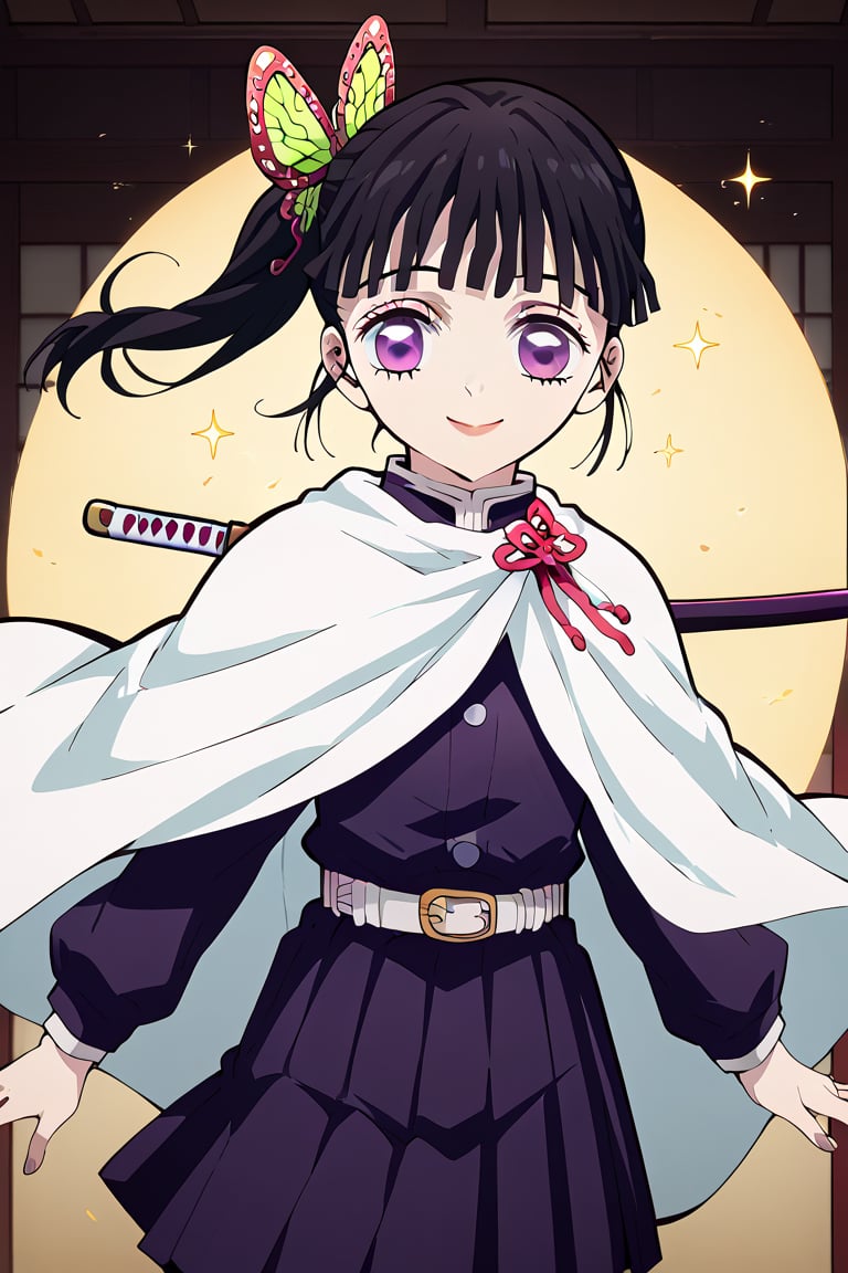 Tsuyuri Kanao stands solo, looking directly at the viewer with an innocent smile. Her black hair is adorned with a butterfly hair ornament and styled in a side ponytail. She wears the demon slayer uniform, complete with a white cape and belt, along with long sleeves and a pleated skirt that falls just above her knees. A katana sheath hangs at her side, its sword sheathed. Her purple eyes sparkle as she gazes innocently at the viewer, her bangs framing her face.