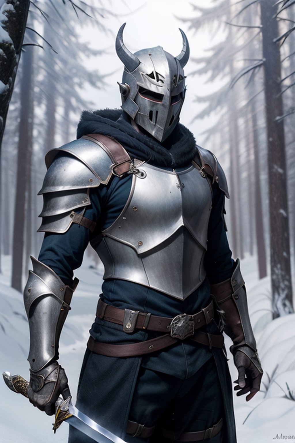 frost_knight, helmet, full_gear, long_sword, freezing, fost_aura, forest, frost_wolf, fantasy_armor, blooded_sword, sword_down, demon_helmet, one_sword, looking_up, sad