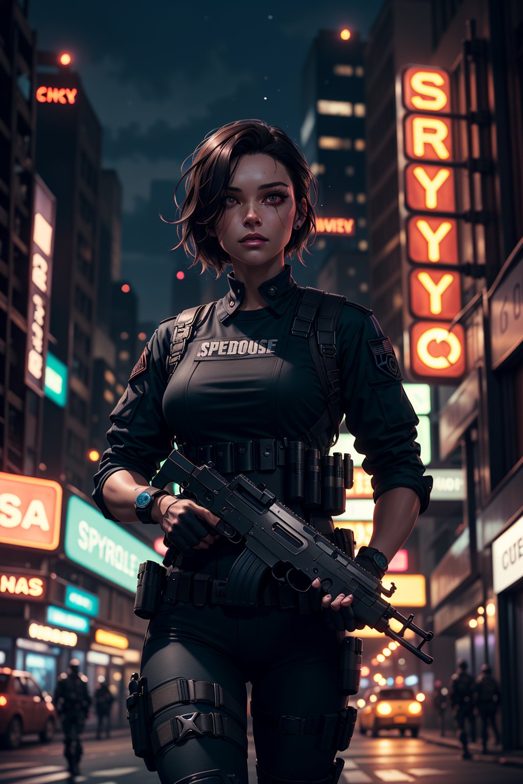  captain of a special unit, 30 years old female, dystopian city at night, neon signs, carrying a gun, badass look, veteran, some skin visible, dark hair