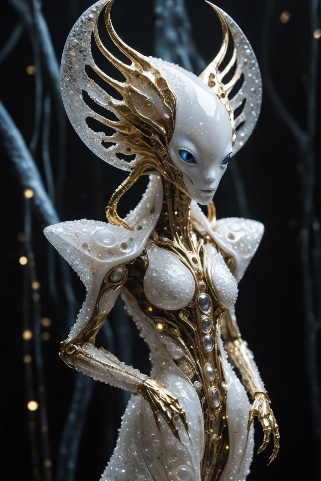 A striking and otherworldly robotic alien, its form crafted from an intriguing blend of pearlescent Porcelyn and soft, translucent bubble wrap. The creature stands upright, with a sleek, organic design that seems to flow seamlessly from its head to its tail. Its body is adorned with an array of glowing lights, like tiny stars twinkling against the night sky, while strategically placed pockets of bubble wrap add a unique touch of whimsy and texture. The alien's face is a study in contrasts, with metallic, almost cold features offset by large, expressive eyes that seem to hold the wisdom of countless galaxies. It stands in a ((dimly lit chamber)), its presence commanding attention as it gazes out at the unseen world beyond. The air around it crackles with energy and the sense of something truly extraordinary, a being that exists between the worlds of machine and organism, art and science, fantasy and reality.,futuristic alien