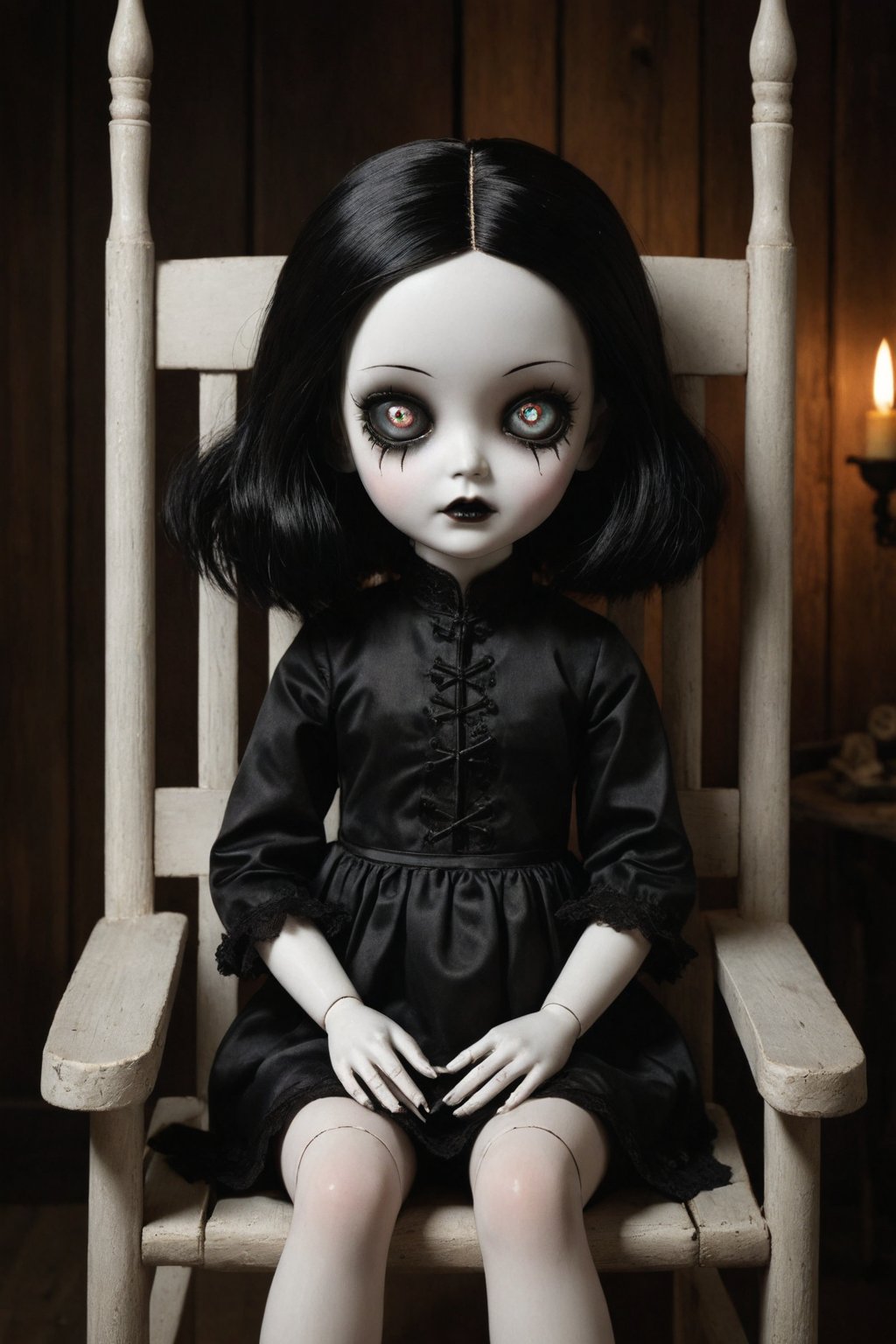 Chinese (white porcelain)  doll with a cracked face and limbs sitting on an old wooden rocking chair in a cabin, black hair, evil eyes, black goth dress, haunting lighting effect, detailed, cinematic, atmospheric, digital painting, eerie atmosphere, character design by Jasmine Becket-Griffith and Mark Ryden, gothic style, 4k resolution, (pale albino skin:1.4), (glass skin textures), (night:1.4), (dark:1.4), (moonlit:1.4), (dark skies:1.4)