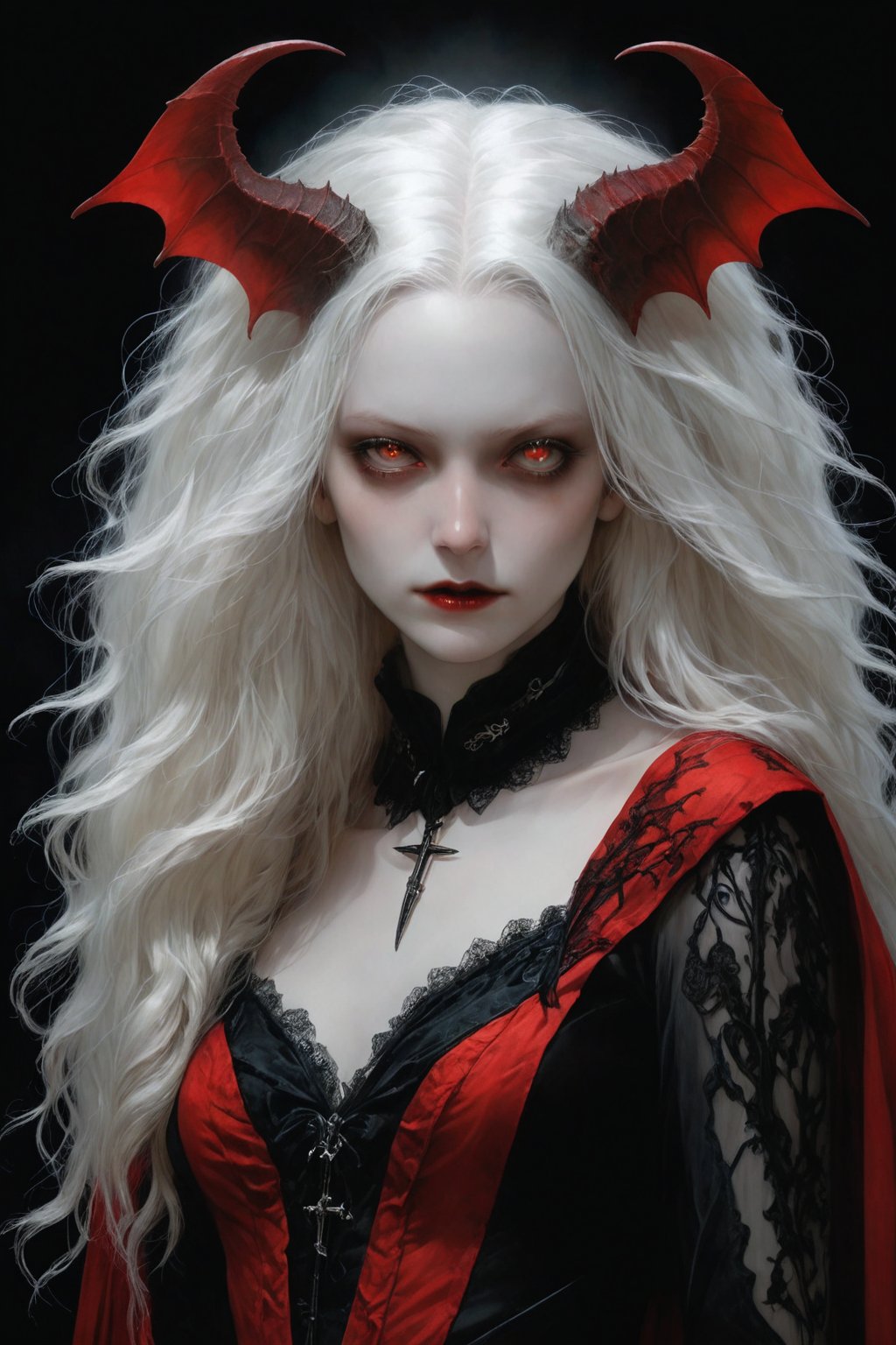 Evil sadistic female vampire with pale albino-like skin and gorgeous figure, messy layered hair and long fangs, wearing a sheer goth dress and red cape. High detail, realistic, gothic style, dramatic lighting, beauty in darkness, hyper-realistic digital painting by Victoria Frances and Brom and Luis Royo, concept art, 4k resolution,DonMM1y4XL