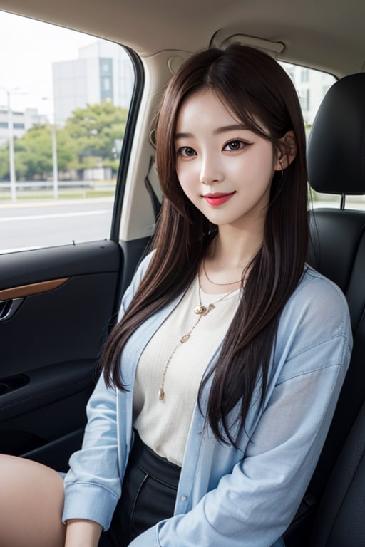 28 year old korean girl, beautiful face, smile, kpop idol, inner car