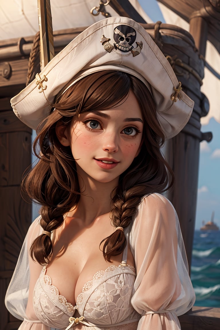 white race bra,  her sword raised in defiance, analog style, photo of a girl, (1girl, pirate girl), catears, smile face, ( brown hair braid), ((pretty  face: 1.7, perfect face:1.5)), huge breasts, pale skin, shinny skin, white race lingeries, pirate hat, hand-sword, pirate ship, sea, 8k, 3d, (best quality:1.5, hyperrealistic:1.5, photorealistic:1.4, madly detailed CG unity 8k wallpaper:1.5, masterpiece:1.3, madly detailed photo:1.2), (hyper-realistic lifelike texture:1.4, realistic eyes:1.2), (octane render, unreal engine 5) , wet_clothes, body, race stocking,renaissance, grap swords